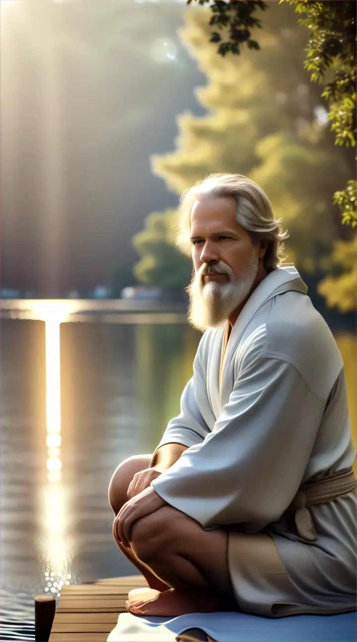 Epictetus meditating on a dock by calm waters and surrounded by nature