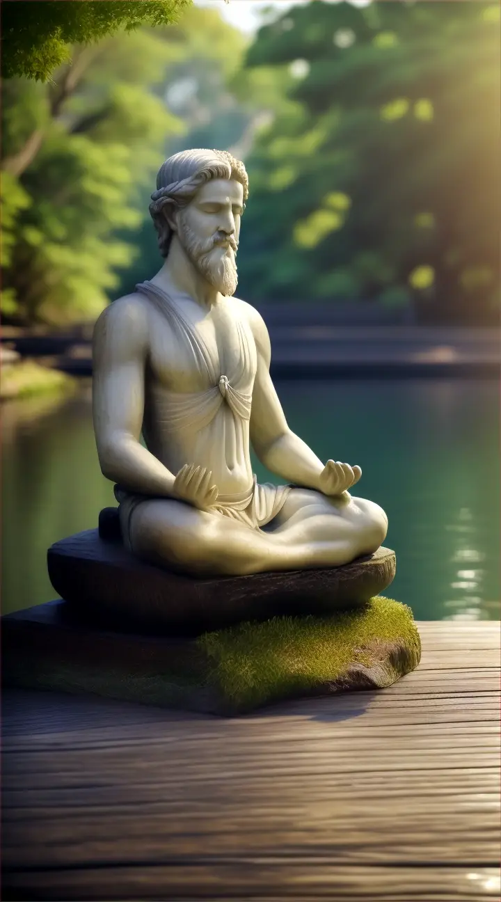 Epictetus meditating on a dock by calm waters and surrounded by nature