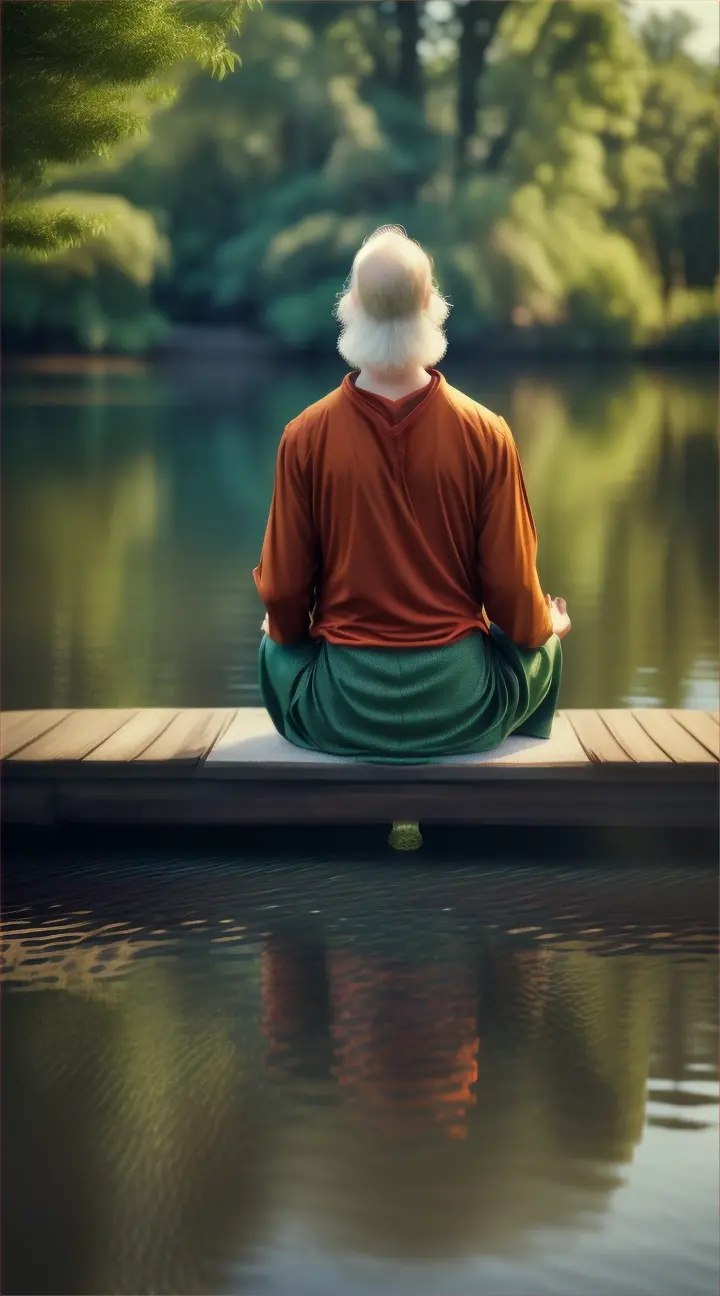 Epictetus meditating on a dock by calm waters and surrounded by nature