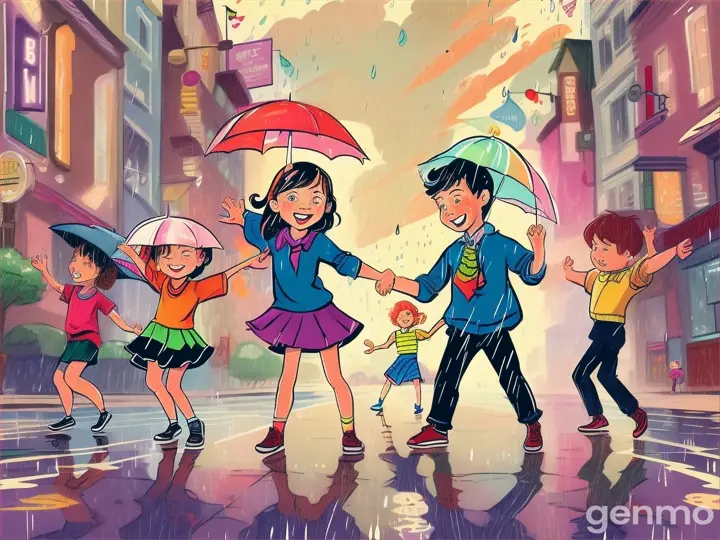 cartoon young kids dancing in rain