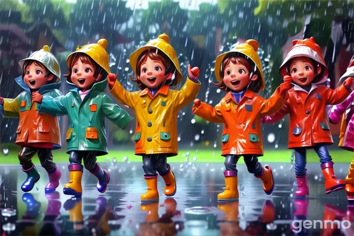 a group of children walking in the rain