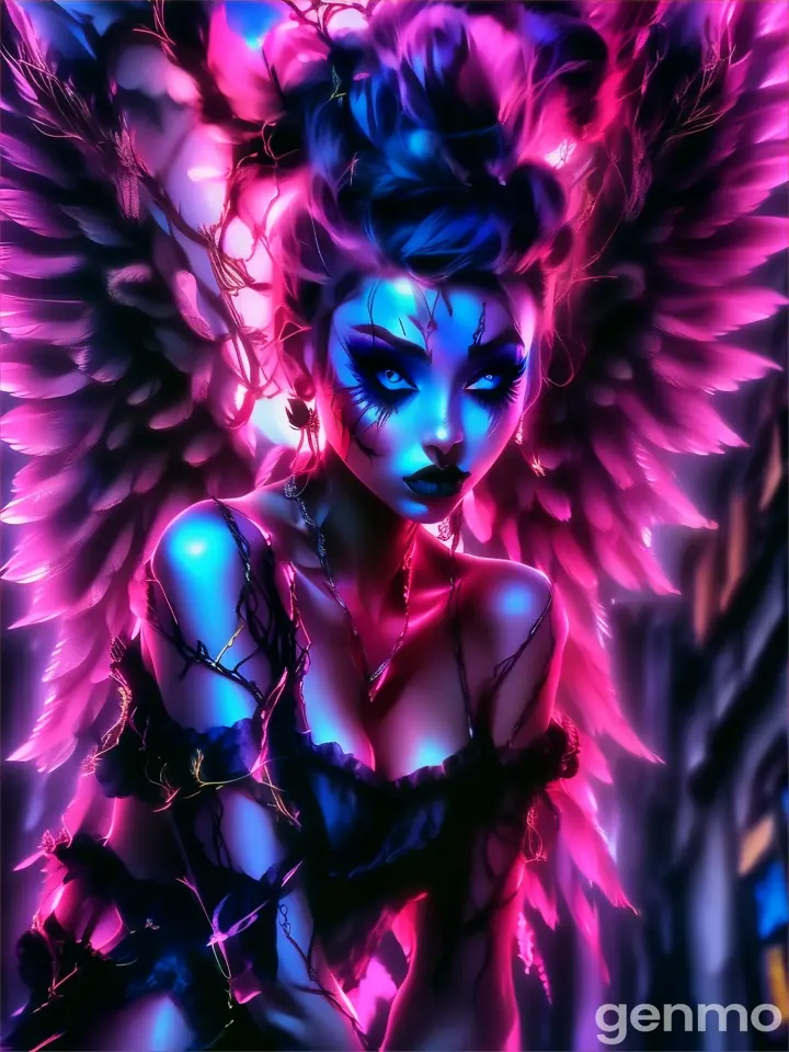 a painting of a woman with blue makeup and wings