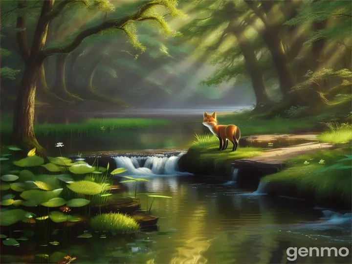 A gentle stream flowing through the forest and Fox hastily constructing a small raft from leaves and sticks.