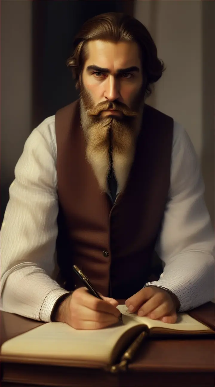 Handsome stoic philosopher writing on Journal