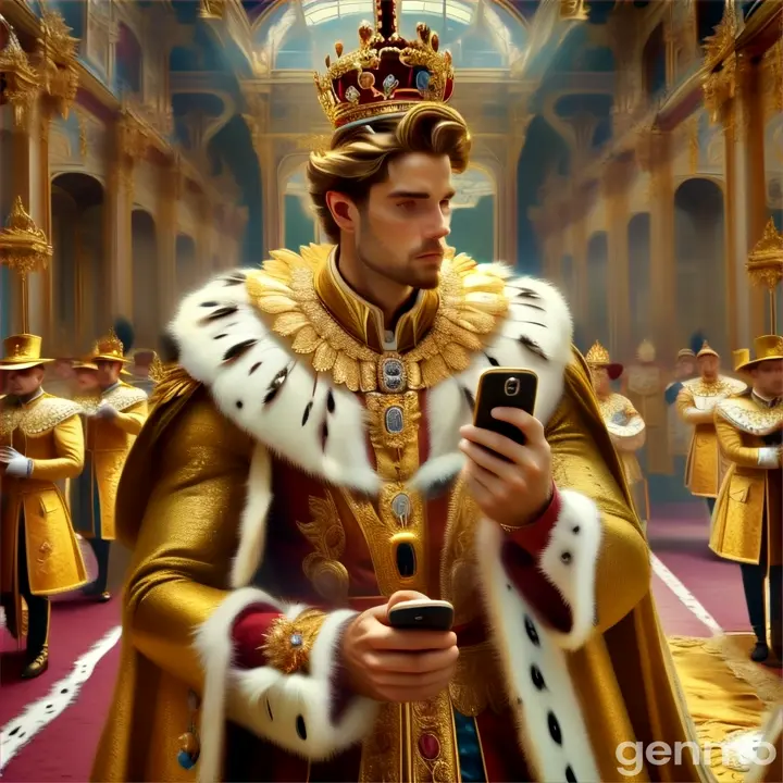 a man in a crown is holding a cell phone