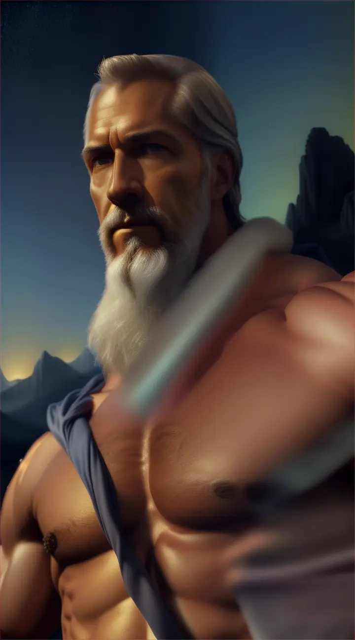 Chiseled Chiseled six-pack portrait of Epictetus under a night sky, with a cloth draped over one shoulder and a bolt of lightning. He is in a serene natural environment of nature involking calmness, reflection and wisdom”