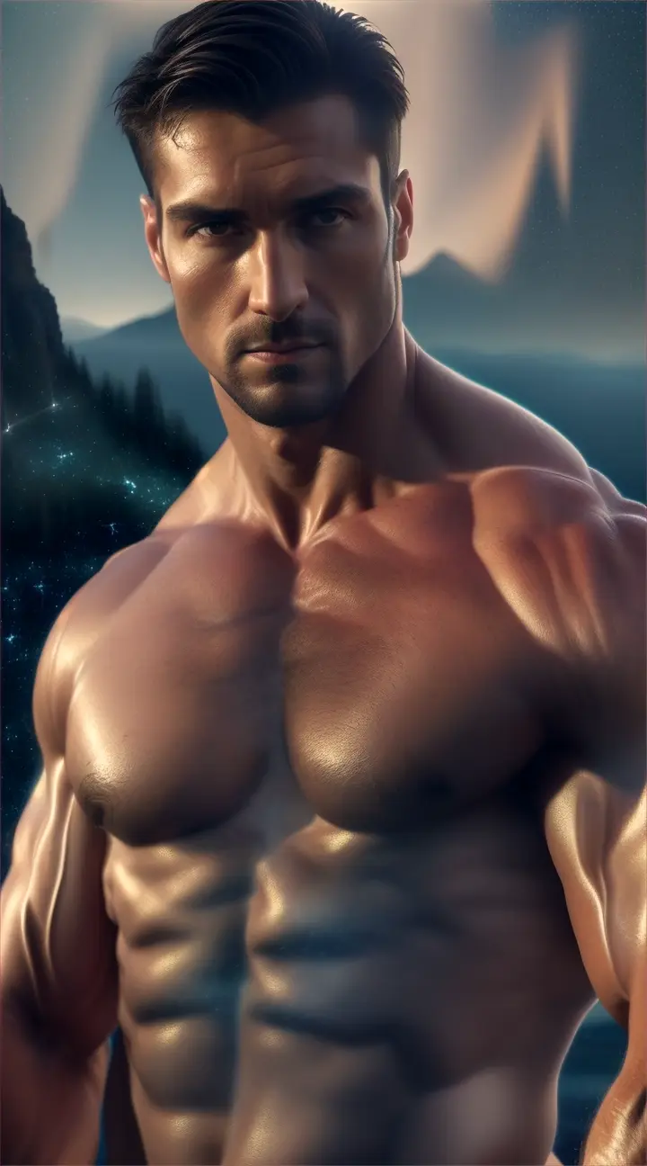 Chiseled Chiseled six-pack portrait of Epictetus under a night sky, with a cloth draped over one shoulder and a bolt of lightning. He is in a serene natural environment of nature involking calmness, reflection and wisdom”