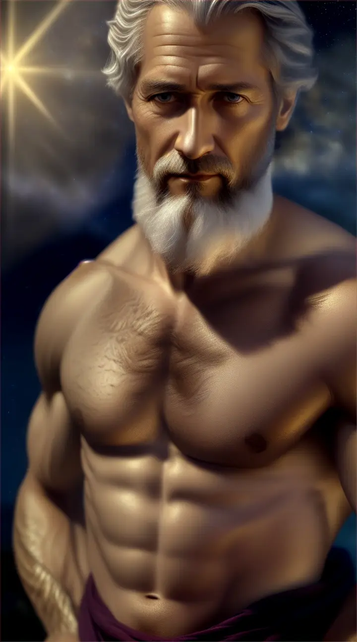 Chiseled Chiseled six-pack portrait of Epictetus under a night sky, with a cloth draped over one shoulder and a bolt of lightning. He is in a serene natural environment of nature involking calmness, reflection and wisdom”