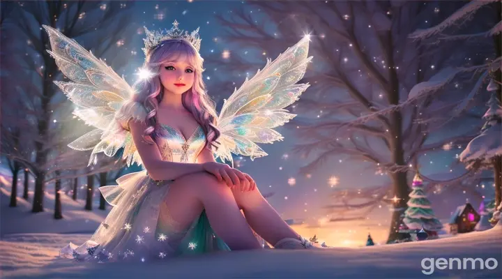 creation of   sitting on snow  hill in large area  of a sparkle flicker  a  snowy fairy with sparkling wings  young fairy named crystal 16:9