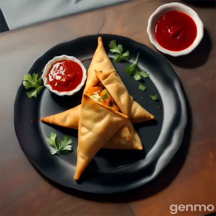 Samosa  with ketcup black plate