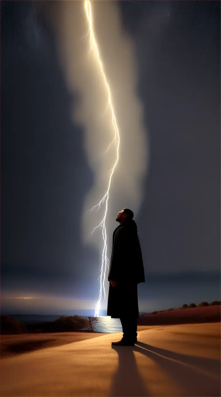 A 35 years old stoic under a night sky, with a cloth draped over one shoulder and a bolt of lightning. He is in a serene natural environment of nature involking calmness, reflection and wisdom”