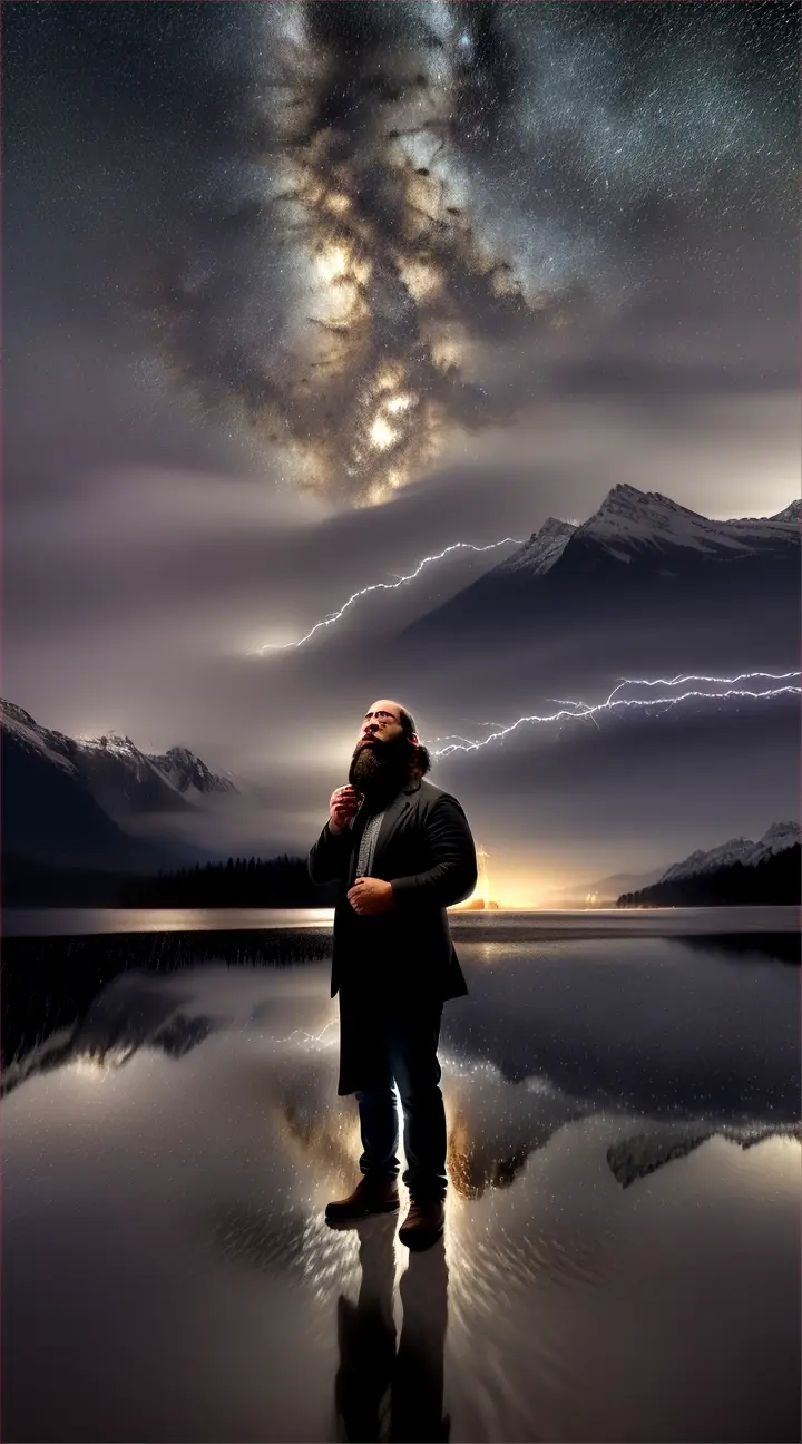 A 35 years old stoic under a night sky, with a cloth draped over one shoulder and a bolt of lightning. He is in a serene natural environment of nature involking calmness, reflection and wisdom”