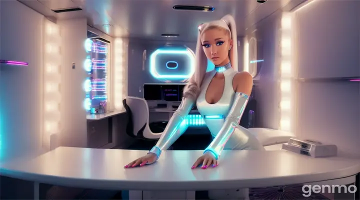 Cybergirls in full body with ponytail and white platform boots with heels. Ariana Grande. Stiletto heels. Bright white color, showing that she is a cybergirl. White Clothes like a jumpsuit on the whole body. She also has blue eyes. The environment is like a teenage girl's bedroom. Hair white. She is lit up with bright blue on one side of her face. LED. Taziot style. And there is an LED light on both hands too. 16:9