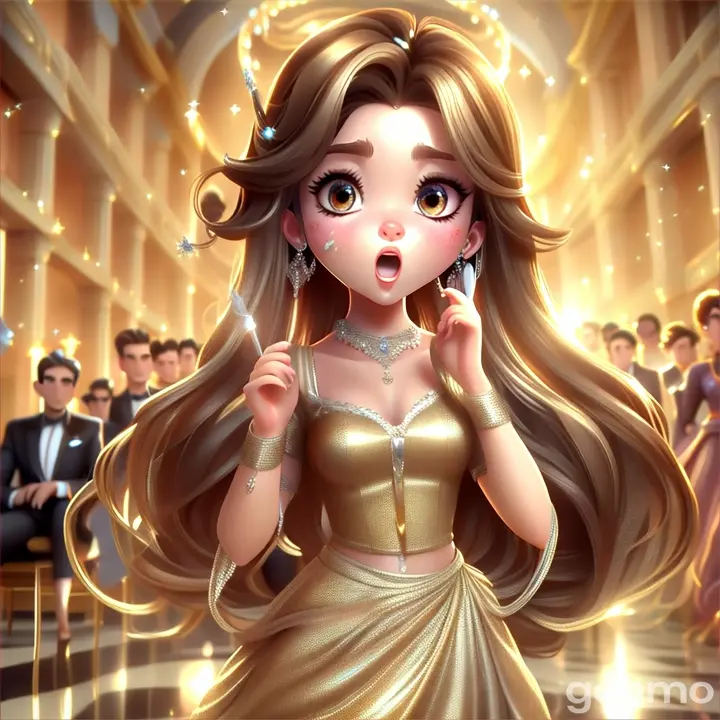 a bautiful  cute fairy  with long hair wearing silver lehenga ad  silver heels ,standing with wand  on clouds  3D animation cartoon