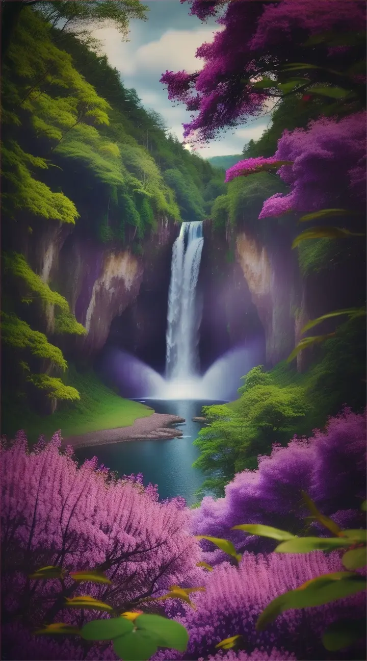 a waterfall in a forest surrounded by purple flowers