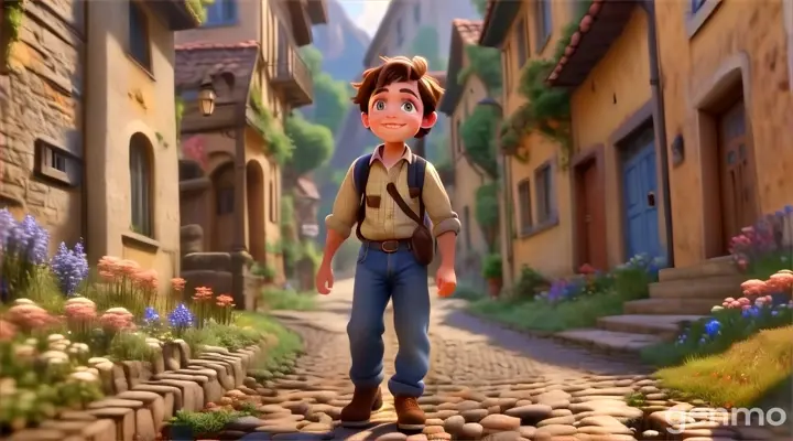 a young boy walking down a cobblestone road