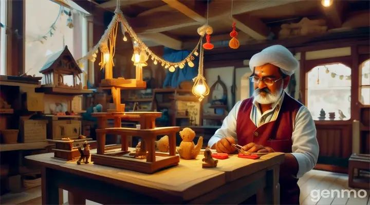 "A skilled toymaker named Madhav, working meticulously in his workshop filled with various handcrafted toys, set in a quaint village setting."