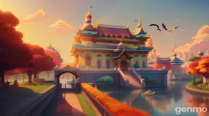 sunrise on the beautiful palace 3D animation cartoon 