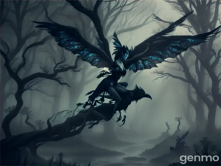 "Create a wingless fairy riding a raven through a dark, foggy forest at midnight."