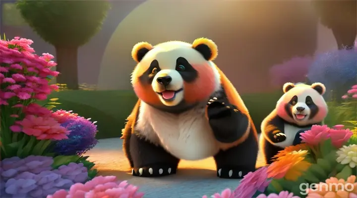 3d cartoon baby bear and panda in garden