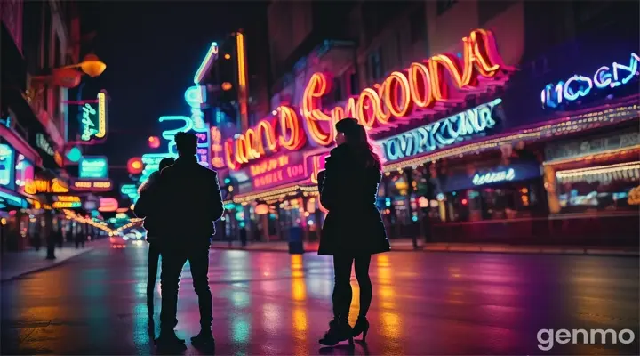 Couple backlit by vibrant neon lights, evoking a feeling of cinematic mystery and intrigue