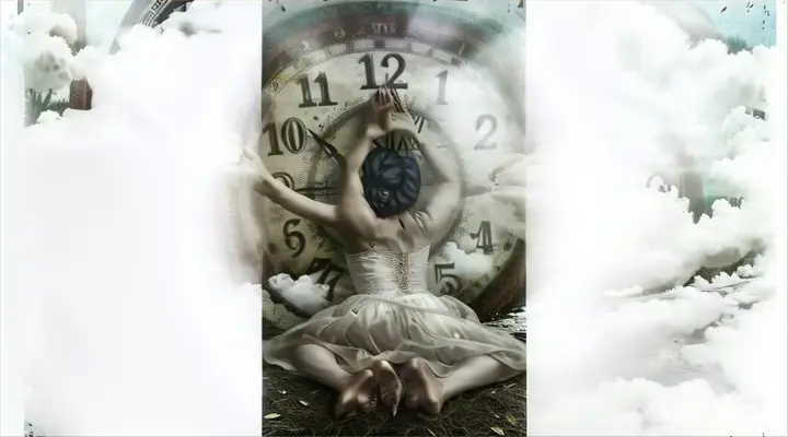 a woman laying on the ground in front of a clock