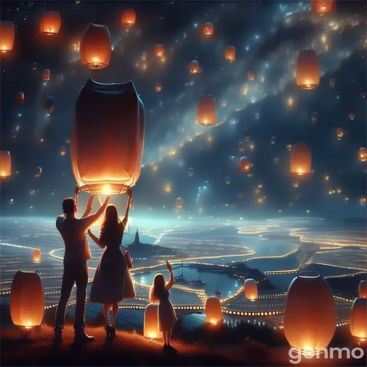 a man and a woman holding a lantern in the sky, Super fine,Super realistic,Ultra HD 