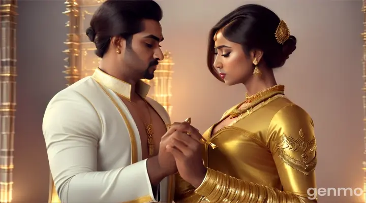 Create a  cinematic, realistic  video of south indian king thin, dark skin, tall, Messy Brushed Up Hair, golden armor dress with long sharp sword with his  chubby, fair-skinned wife, short sides haircut with a long angular comb-over,adorned in a full sleeve queen saree matching white ensemble with golden accents . The dance takes place near a Chureito Pagoda, 
Mount Fuji,japan, king and his wife with his ten soldiers dancing silver armour dress with sword on hand, soldiers little away from king and Queen ,the king and queen together dancing for the South indian Tamil song "Raaja raaja chozhan naan
Enai aazhum kaadhal dhesam nee thaan
Poovae kaadhal theevae
Mann meedhu sorgam vandhu pennaaga aanadhae
Ullaasa boomi inghu undaanathae" 