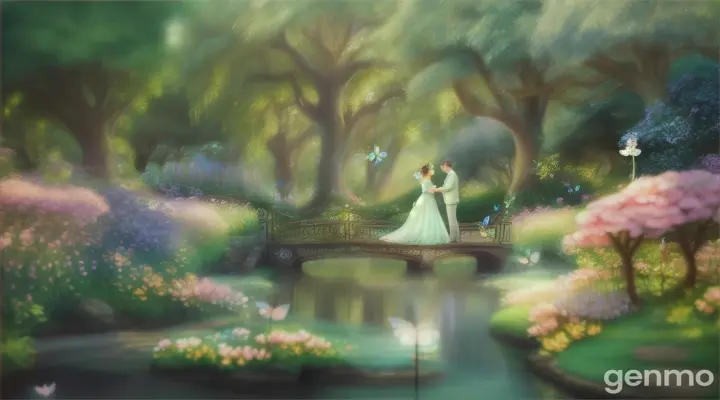 Whimsical pastel depiction of the couple's new memories, presented as an enchanted garden with a riverbank and the couple depicted as butterflies surrounded by the beauty of nature.