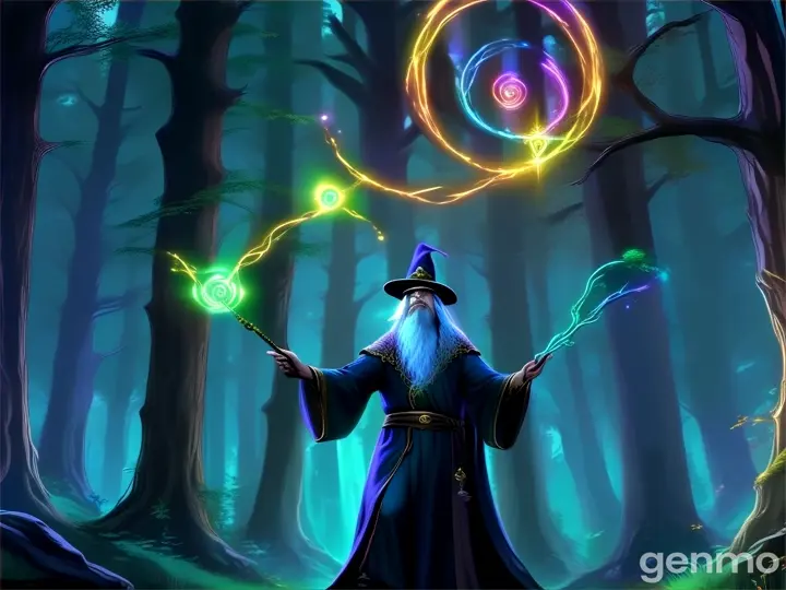 a wizard holding a wand in the middle of a forest