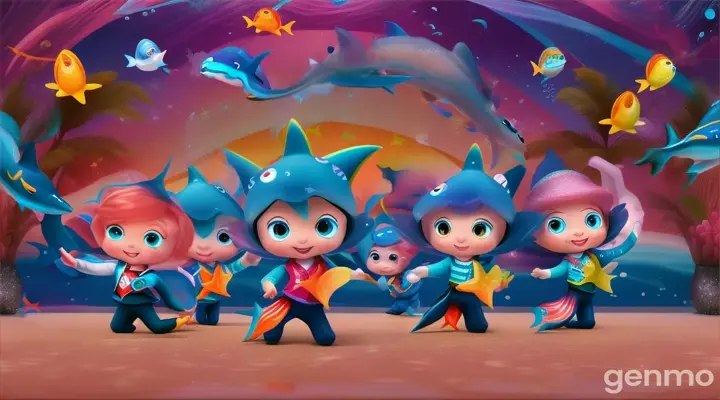 The baby shark dance show 

Dance through the bubbles, let your worries drift,
Shake your fins and tail, it’s the perfect gift.
With our sharky friends, we’re swimming so free,
In this ocean party, come and dance with me!

Style cartoon, SUPER DEFORMED (SD):