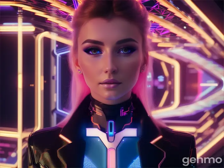 A BEAUTIFUL EUROPEAN woman in a futuristic look stands in front of neon lights. Artificial intelligence.