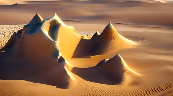 Esculturas orianas sobre la arena del desierto de diversos materiales