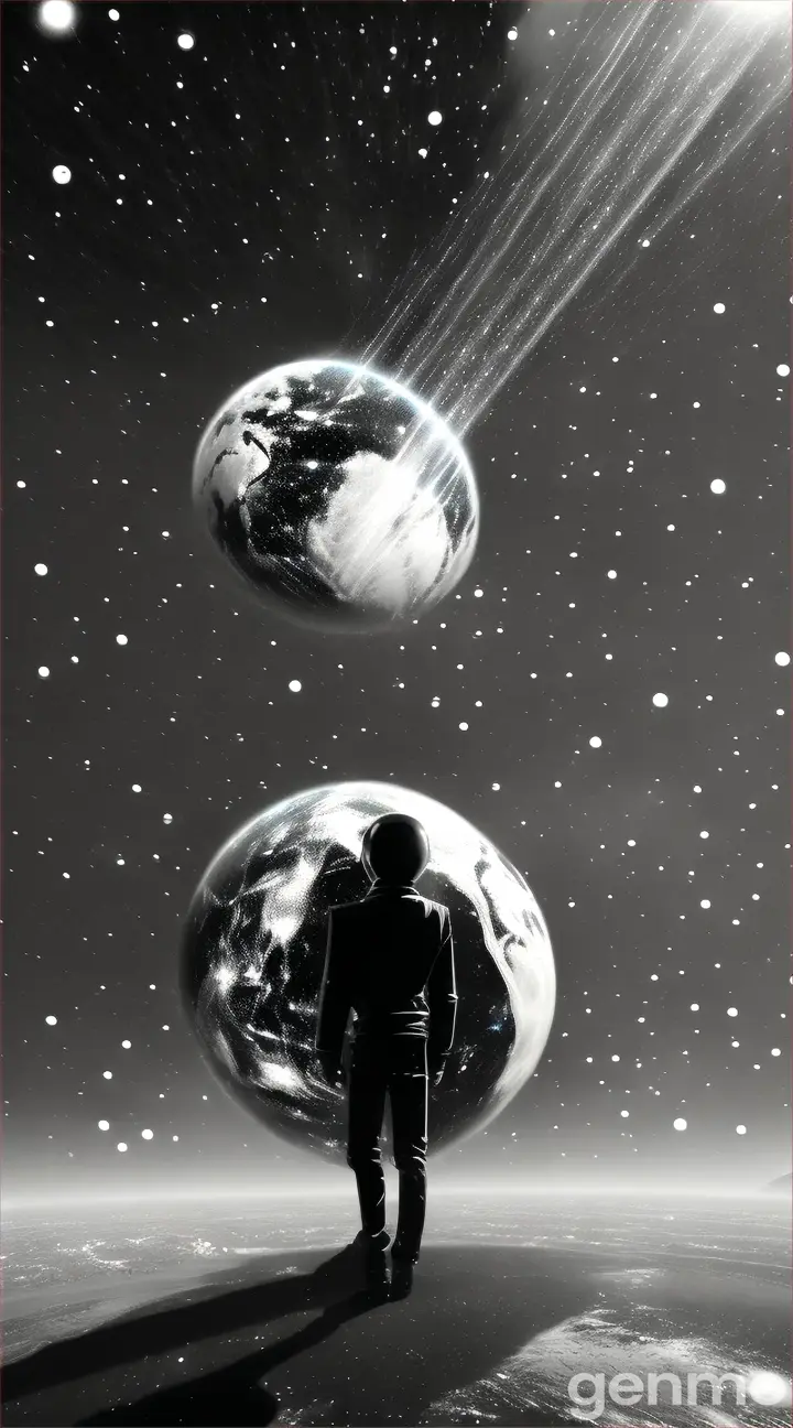 A walking figure on a the planet Earth into a glittering galaxy, with the stars raining down around them in a surreal, sparkling shower Black and white composition black figure above round earth on a globe 