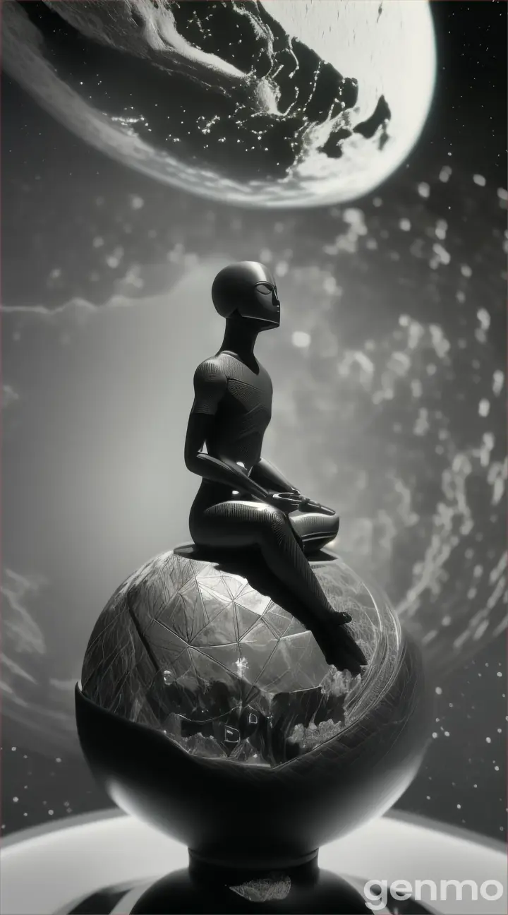 A black figure sitting on a globe, Earth and stars reflected in glittering silhouettem