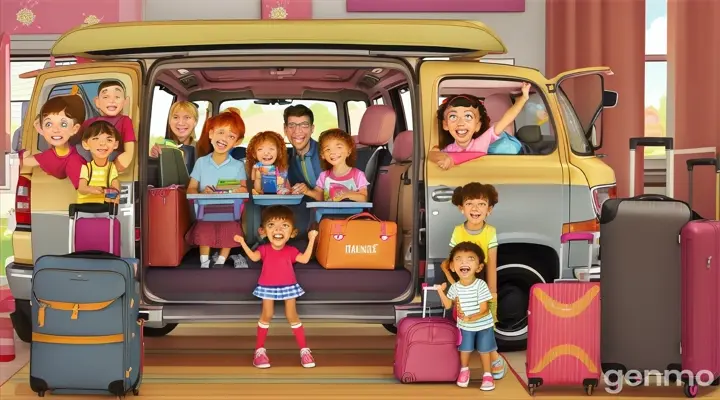 16;9 cartoon story style Children joyfully packing their suitcases at home, parents helping them get ready. Show a family car packed and ready for a road trip, everyone hopping in with big smiles.
