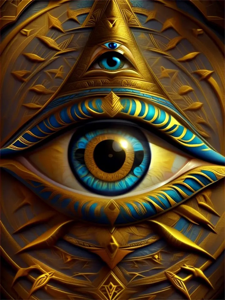 an all seeing eye in gold and blue