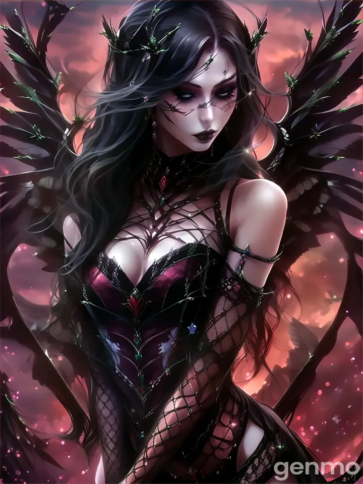 a painting of a woman with black hair and wings