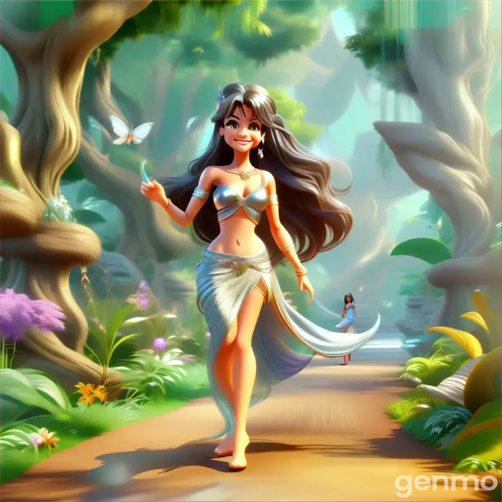 a  smiing  beautiful fairy  with long hair wearing silver color saree smiing and walking  bare foot  in jungle 3D animation cartoon  zoom out 