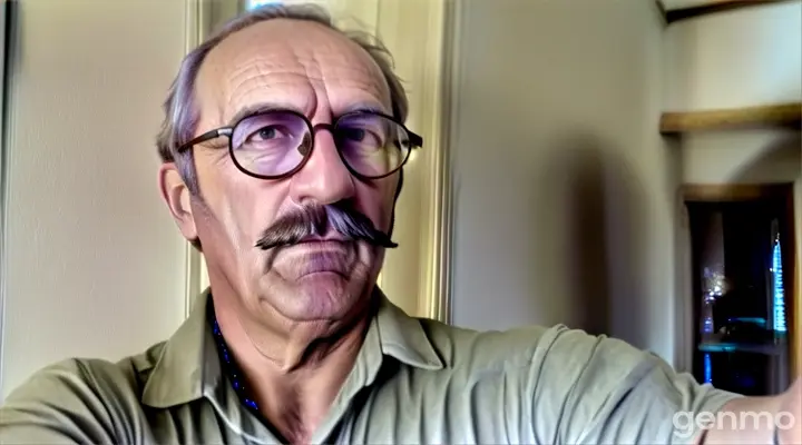 A man with a mustache and glasses taking a selfie against a shadow of large leaves that resemble a camera shutter