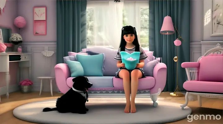 A lush, highly detailed 3D render of a  white teenager  girl sitting in a fluffy cotton candy chair with a fluffy dog make the dog black and white in her lap render 3d Pixar let there be  a blue curtain hanging up in the window a bed in her front room let the be cotton candy rug and the chair teal her mother is stand in her room her mother has her arms folded the mother is looking upset make sure the girl has the dog in her lap let hair be black and her mouth is if she is slightly signing and her mother mouth is close