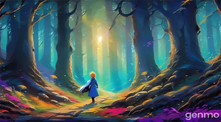 a painting of a person standing in the middle of a forest