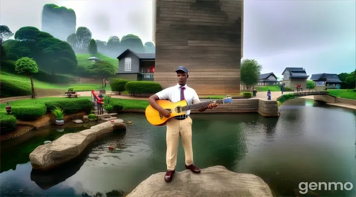 a man holding a guitar standing next to a body of water