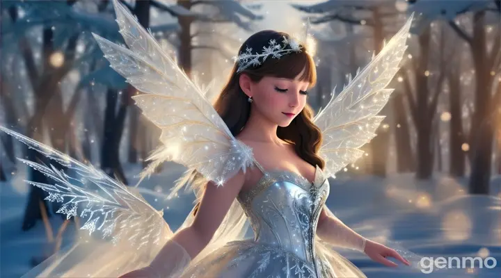 creation of snowy fairies with sparkling wings danced  in evening on snow hill in large snow area with their white sparkling dress and do magic for forest 16:9