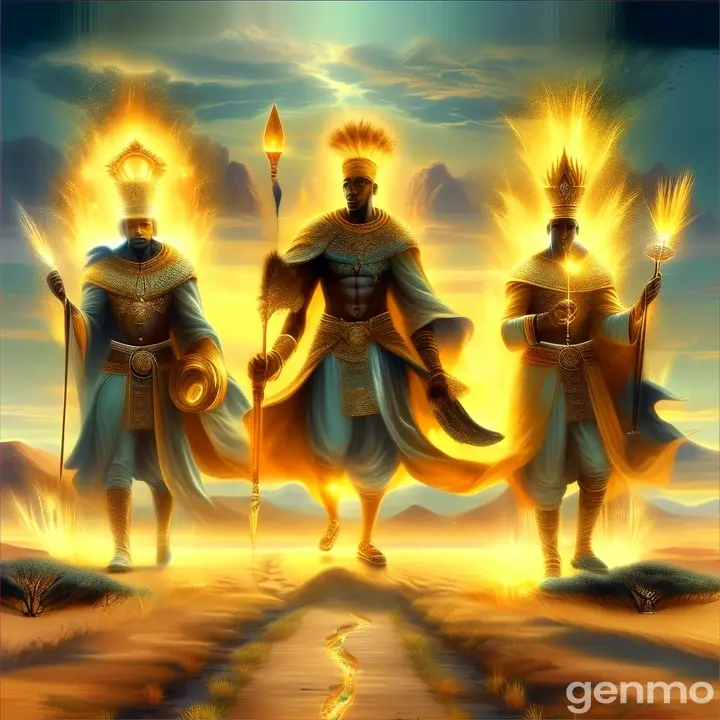 a painting of three black male gods walking through the middle of a desert