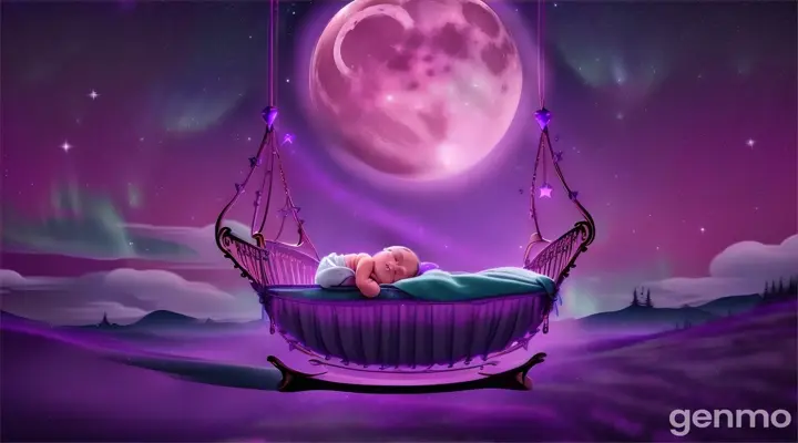 create a beautiful night sky in purple color and baby in cradle is sleeping peacefull and cradle is swinging