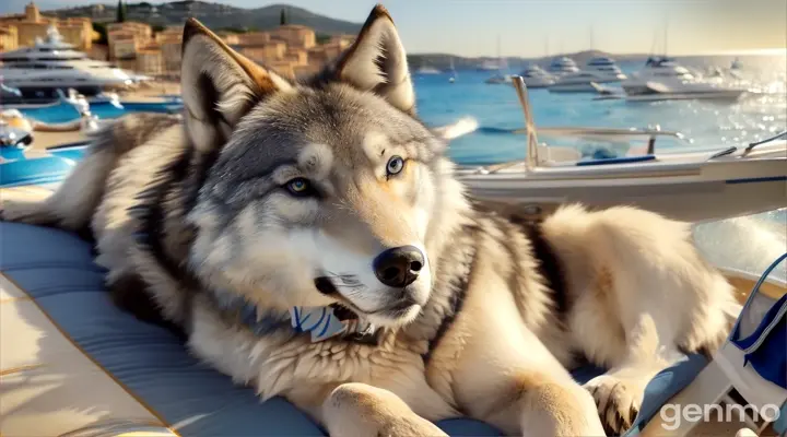 un loup gris, aux yeux bleus clairs, est allongé sur une chaise longue et bronze sur une plage au bord de la méditerranée à Saint TROPEZ. des yachts sont sur la mer.