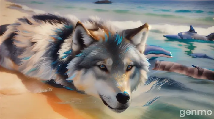 un loup gris, aux yeux bleus, nage avec les dauphins sur une plage de la Méditerranée à Saint Tropez.