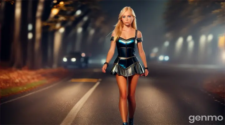 Beautiful realistic girl with shoulder-length blonde hair and expressive blue eyes, walking and dancing, forward facing, on camera, on an evening road in nature, through a forest, around trees in the distance city lights can be seen She is wearing a leather silver short dress with straps and metal buckles, she is looking around, all around bright colors, intricate detail, high detail, realistic, cinematic, studio photography, wide angle lens, sharp focus, better shadows, depth of field, ultra realistic detailed lighting, volumetric lighting, cinematic lighting, dramatic lighting, rays of light, cinematic, 8k, hdr, high resolution