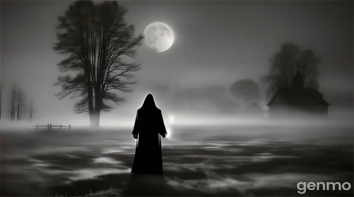 A ghostly figure haunting the silent village at night, lit only by the moon